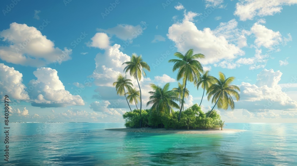 lush tropical island with palm trees and turquoise sea fluffy clouds vibrant 3d render