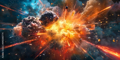 Explosive Bomb Blast Colorful Streaks  Large Fireball  and Black Smoke. Concept Explosive Bomb Blast  Colorful Streaks  Large Fireball  Black Smoke