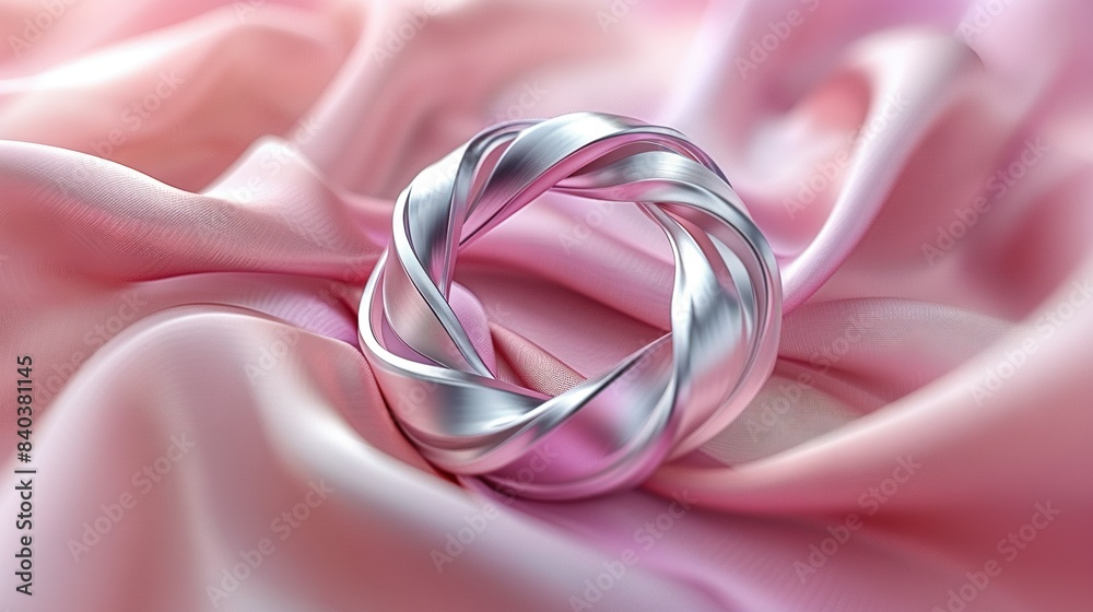 A pair of silver rings resting atop a pink satin tablecloth on top of a wooden table A pair of silver rings resting atop a pink satin tablecloth on top of a wooden table