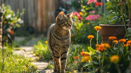 Fototapeta Naklejka Na Ścianę i Meble -  A tabby cat walks along a path in a lush garden with colorful flowers in bloom.