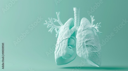 3D illustration of human respiratory system. Anatomical model of lungs and airways on a teal background for medical and educational purposes. photo