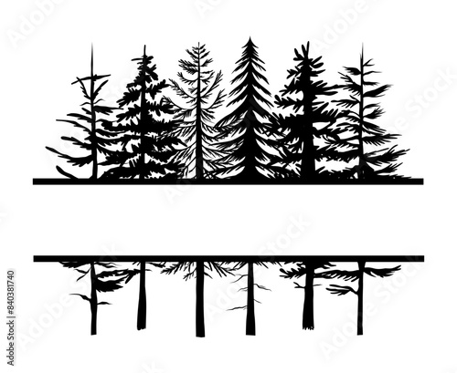 Vector hand drawn forest trees split frame, line art drawing