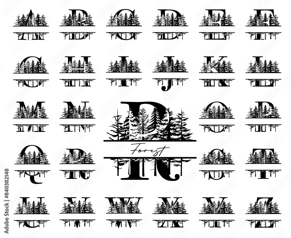 Set of vector split monogram letters with line drawing forest trees, nature alphabet for wedding, brand cards, posters and logo