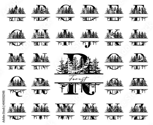 Obraz na płótnie Set of vector split monogram letters with line drawing forest trees, nature alphabet for wedding, brand cards, posters and logo w salonie