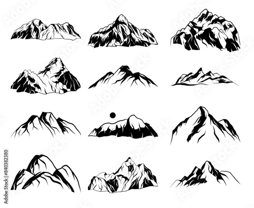 Set of vector hand drawn mountain illustrations, line art drawing