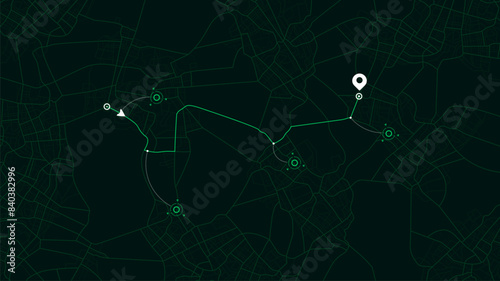 GPS tracking system to navigate to different locations. Navigation route to marker as goal of trip. Transportation and roads on abstract map. City route navigation. Vector illustration