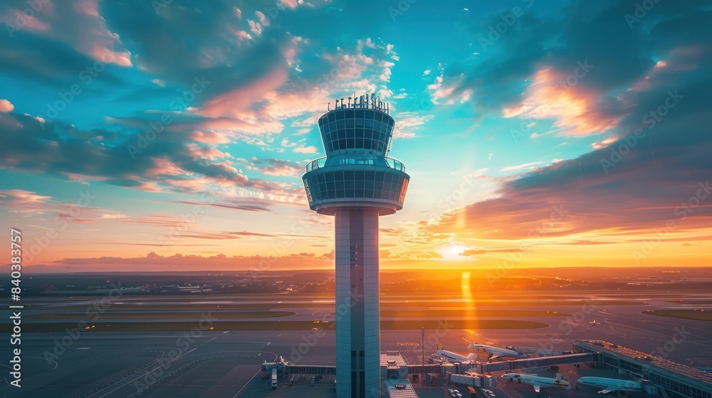 Obraz premium aerial dramatic photo of modern airport control tower, showing terminal buildings, depth of field, blue dynamic sky, sunny daytime, bright