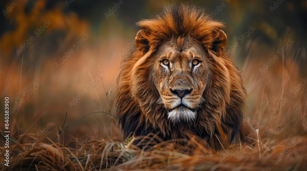 Fototapeta premium majestic african lion portrait intense gaze of apex predator in natural habitat wildlife photography