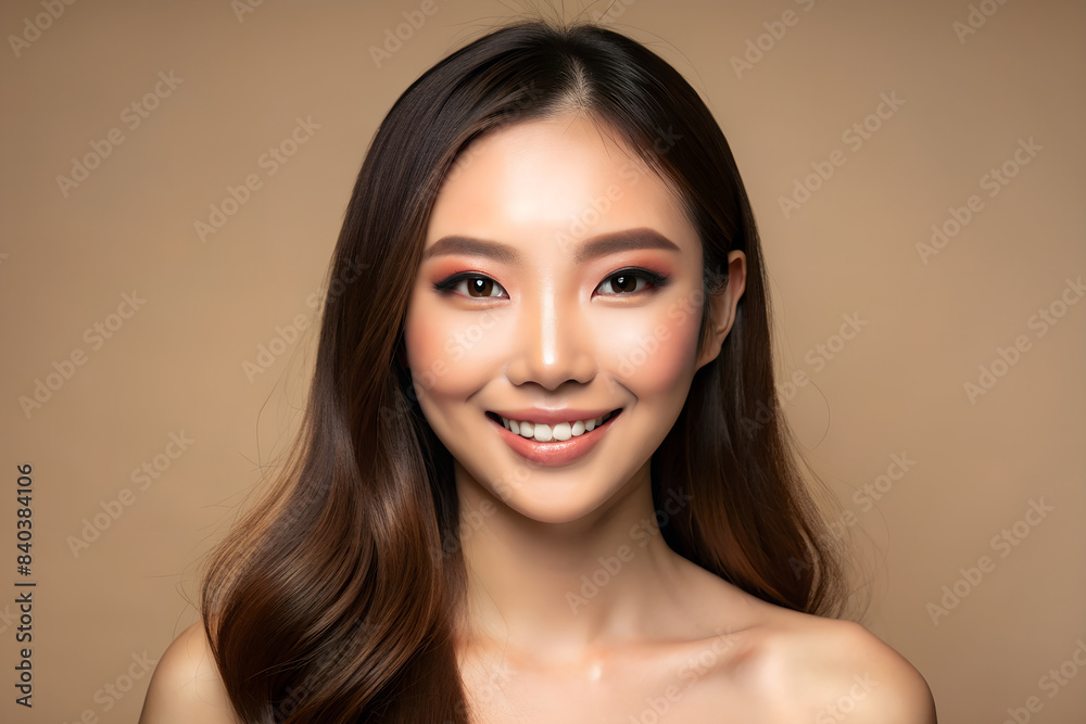 Pretty Asian beautiful woman, long hair with Korean makeup glowing face and healthy facial skin portrait and smile on isolated beige background. Cosmetology, plastic surgery concept. Pretty Asian beautiful woman, long hair with Korean makeup glowing face and healthy facial skin portrait and smile on isolated beige background. Cosmetology, plastic surgery concept.