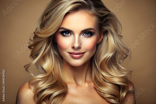 Pretty European beautiful woman, blond long hair with makeup glowing face and healthy facial skin portrait and smile on isolated beige background. Cosmetology, plastic surgery concept.