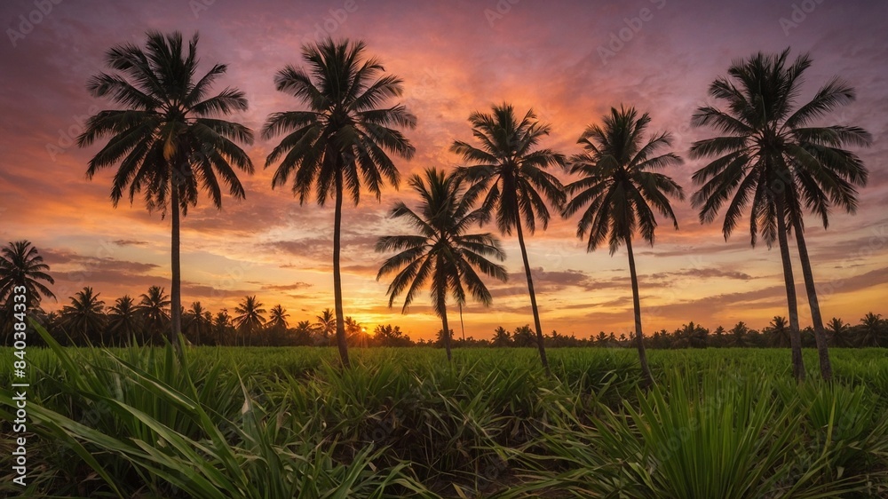 Tropical sunset casts vibrant hues of orange, pink, purple across sky, silhouetting tall palm trees against evening light. Foreground adorned with lush greenery, suggesting field of sugarcane. Tropical sunset casts vibrant hues of orange, pink, purple across sky, silhouetting tall palm trees against evening light. Foreground adorned with lush greenery, suggesting field of sugarcane.