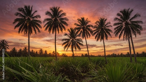 Tropical sunset casts vibrant hues of orange  pink  purple across sky  silhouetting tall palm trees against evening light. Foreground adorned with lush greenery  suggesting field of sugarcane.