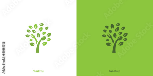 Food Tree Logo Designs. Fork, Spoon, and Tree with Minimalist Style. Healthy Food Logo, Icon, Symbol, Vector, Design Template.
