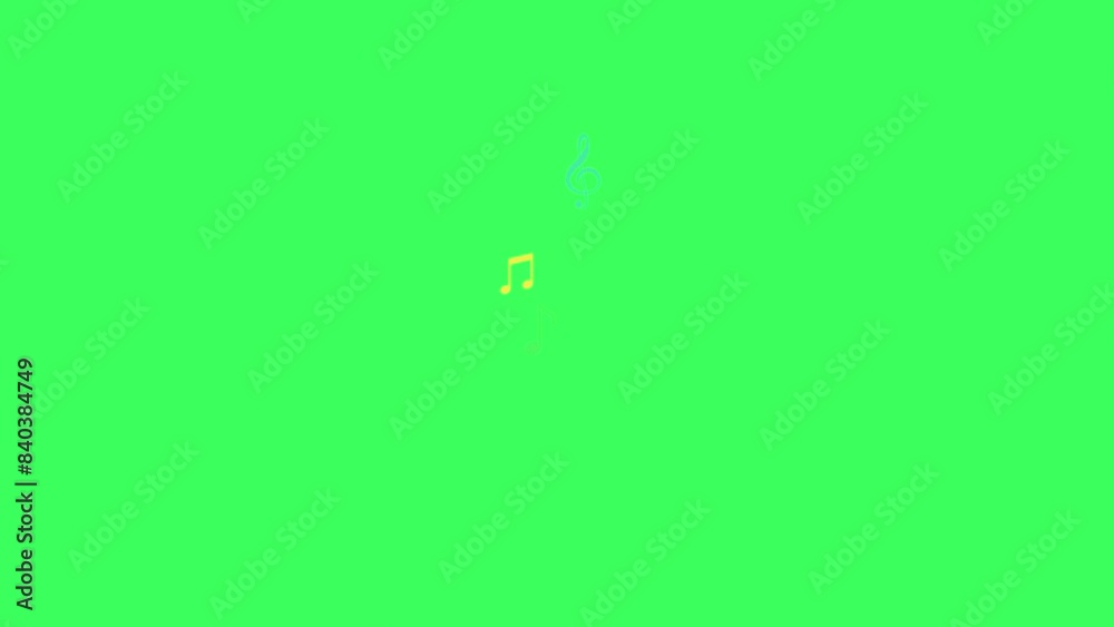 Looping animated multicolored notes fly from bottom to top, against green background. A colorfull wave of flying notes. perfect for music, song, melody. Isolated music notes, icons. Royalty free.
