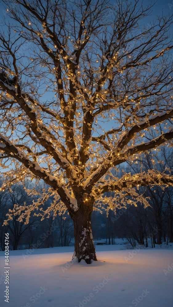 Large, leafless tree stands in snowy landscape, its branches wrapped in warm lights that contrast twilight sky. Snow reflects lights glow, creating serene, magical scene. Large, leafless tree stands in snowy landscape, its branches wrapped in warm lights that contrast twilight sky. Snow reflects lights glow, creating serene, magical scene.