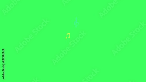 Looping animated multicolored notes fly from bottom to top, against green background. A colorfull wave of flying notes. perfect for music, song, melody. Isolated music notes, icons. Royalty free.