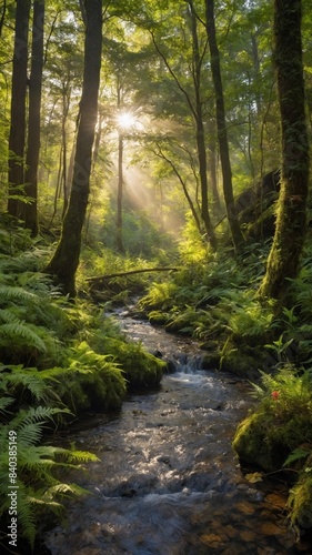 Sunlight filters through dense forest  casting warm  inviting glow. Rays of light illuminate mist above meandering stream  creating magical atmosphere. Forest lush with greenery.