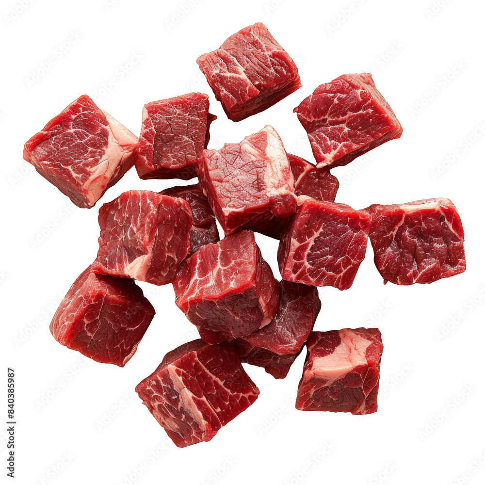 Raw beef cubes isolated on white background, perfect for cooking, grilling, or adding to stews and soups. transparent background. Raw beef cubes isolated on white background, perfect for cooking, grilling, or adding to stews and soups. transparent background.