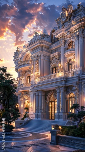 Twilight Majesty - Grand Baroque Palace with Ornate Facades and Columns