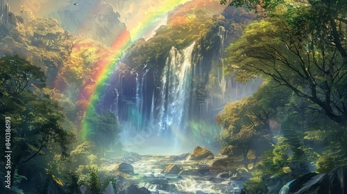 majestic rainbow arches over cascading waterfall in lush forest digital painting