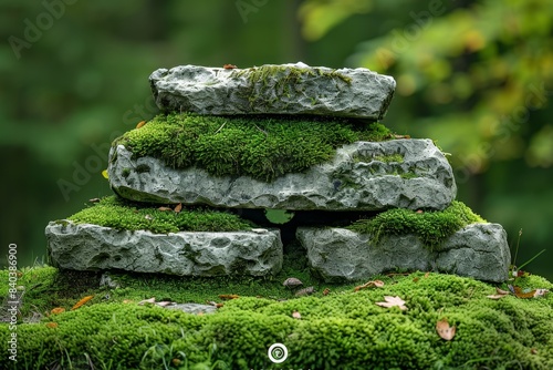 Moss-covered rocks in a serene woodland, showcasing natural textures. 