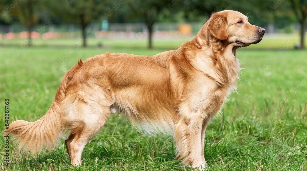 a golden retriever dog standing on a lush green field a golden retriever dog standing on a lush green field