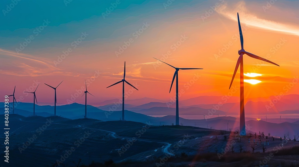 Obraz premium majestic windmill silhouette at sunset renewable energy farm landscape