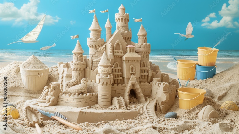 Fototapeta premium Sculpting Success Professional Sandcastle Builder's Beach Workspace with Business Cards Tools and Masterpiece