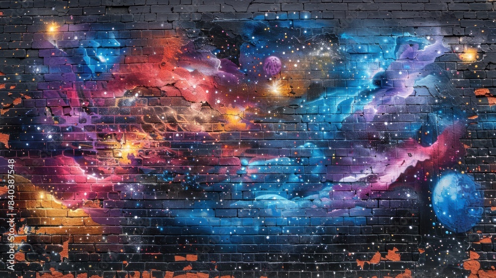 Brick wall with images of cosmic space painted in graffiti style. Brick wall with images of cosmic space painted in graffiti style.