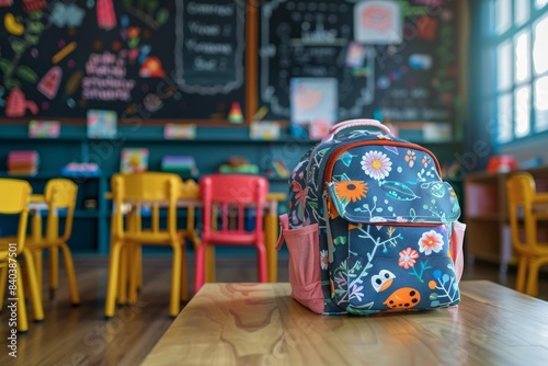 School backpack on a student's desk in the classroom. Back to school concept.