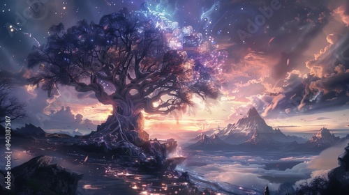 majestic yggdrasil tree of life from norse mythology ethereal fantasy landscape illustration