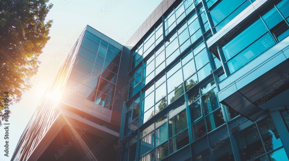 a tall office building with a glass facade. Sunlight streams through the windows a tall office building with a glass facade. Sunlight streams through the windows