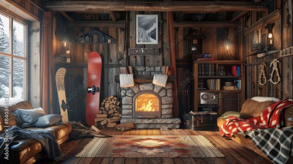 Winter Wonderland Professional Snowboarder's Cozy Cabin with Business Cards Snowboards and Fireplace Winter Wonderland Professional Snowboarder's Cozy Cabin with Business Cards Snowboards and Fireplace