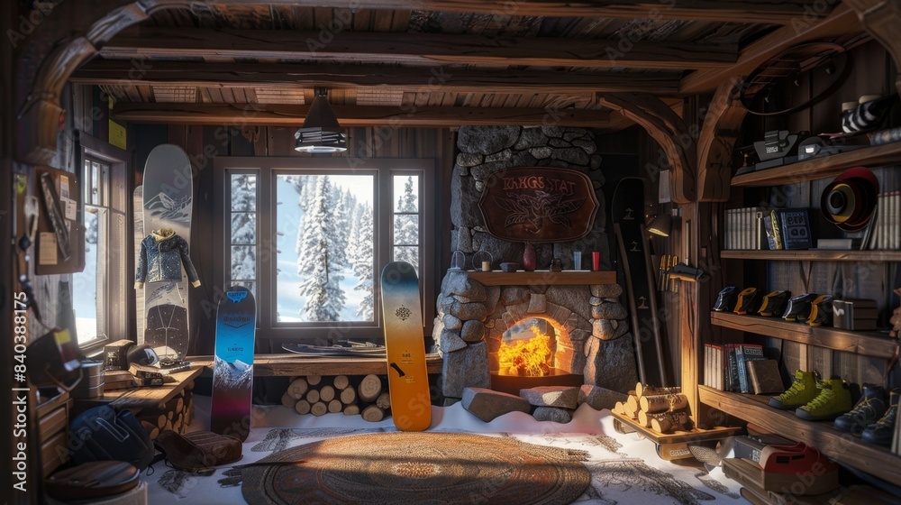 Naklejka premium Winter Wonderland Professional Snowboarder's Cozy Cabin with Business Cards Snowboards and Fireplace
