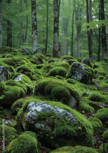 Moss-covered rocks in a serene woodland, showcasing natural textures. 