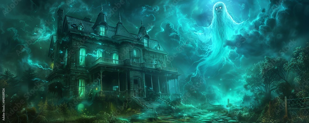 Eerie haunted mansion with glowing ghost in a foggy, mystical atmosphere at night. Mysterious, spooky, and haunting visual setting. Eerie haunted mansion with glowing ghost in a foggy, mystical atmosphere at night. Mysterious, spooky, and haunting visual setting.
