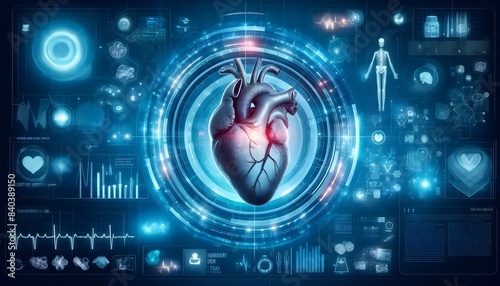 Digital illustration of a human heart with medical data and futuristic interface. Cardiovascular system and healthcare technology concept. Design for poster, banner, print.