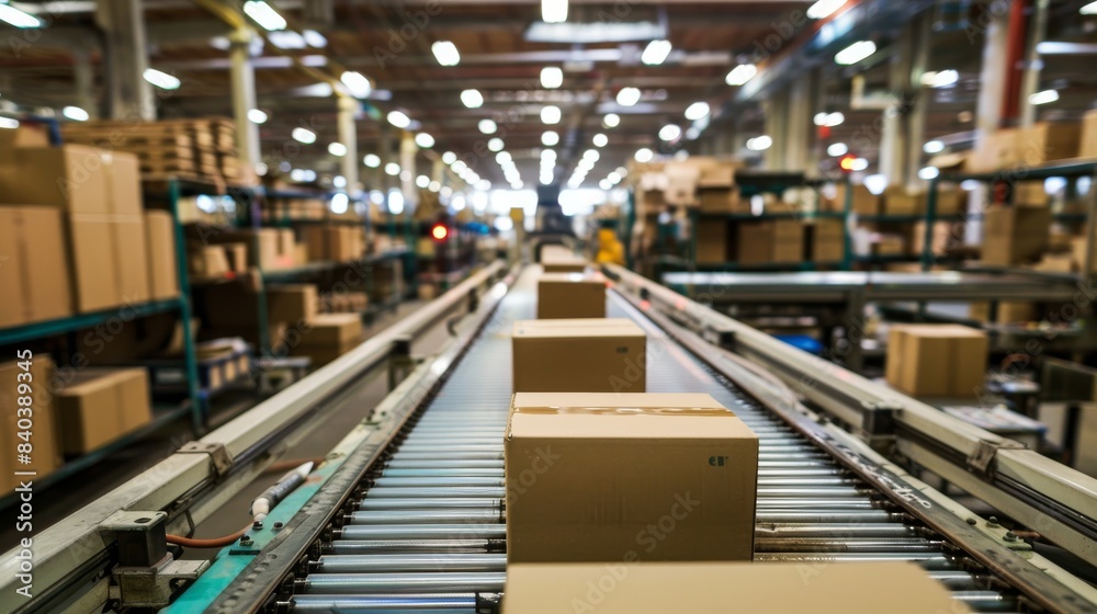 A packaging factory assembly line with cardboard boxes on a conveyor belt. A packaging factory assembly line with cardboard boxes on a conveyor belt.