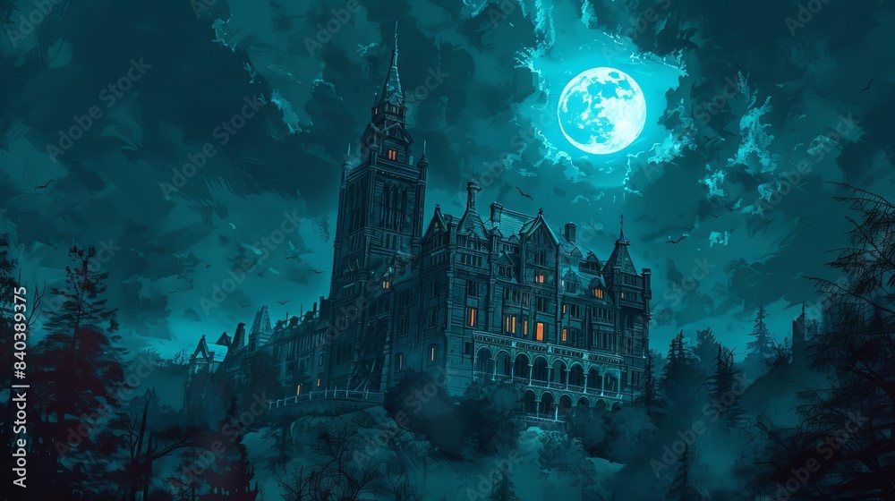 Gothic castle under a bright full moon with dramatic clouds and eerie ...