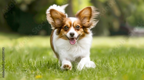 A happy Papillon enjoying a walk in the park with large, floppy ears running photo