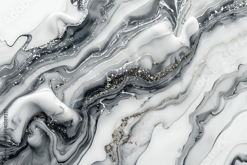 Abstract marble texture with black, white, and gold accents.