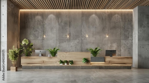 minimalist corporate office reception with wooden desk and concrete wall 3d rendering