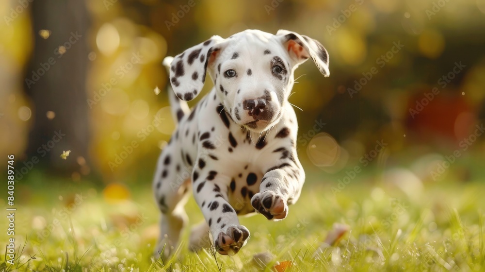 a Dalmatian puppy running through a field of tall green grass.