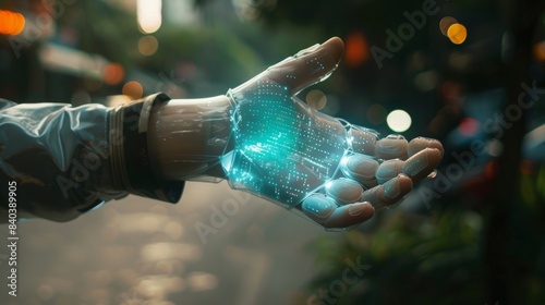 A person using a virtual assistant AI chatbot hand holding a futuristic device © พงศ์พล วันดี