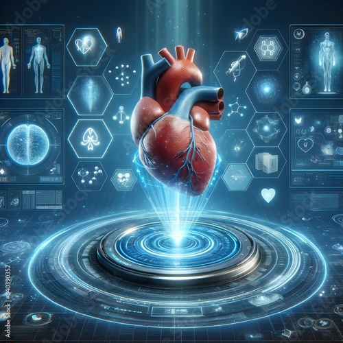 Digital representation of a human heart with medical holographic interface on a futuristic background. Cardiovascular system and healthcare technology concept. Design for poster, banner, print.
