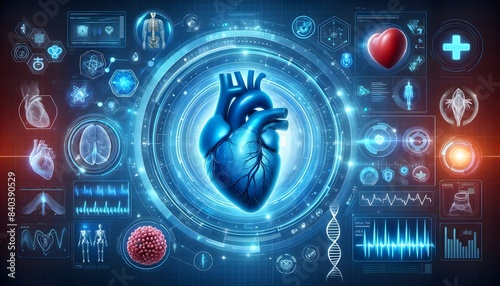 Digital illustration of a human heart with medical data and futuristic interface. Cardiovascular system and healthcare technology concept. Design for poster, banner, print.