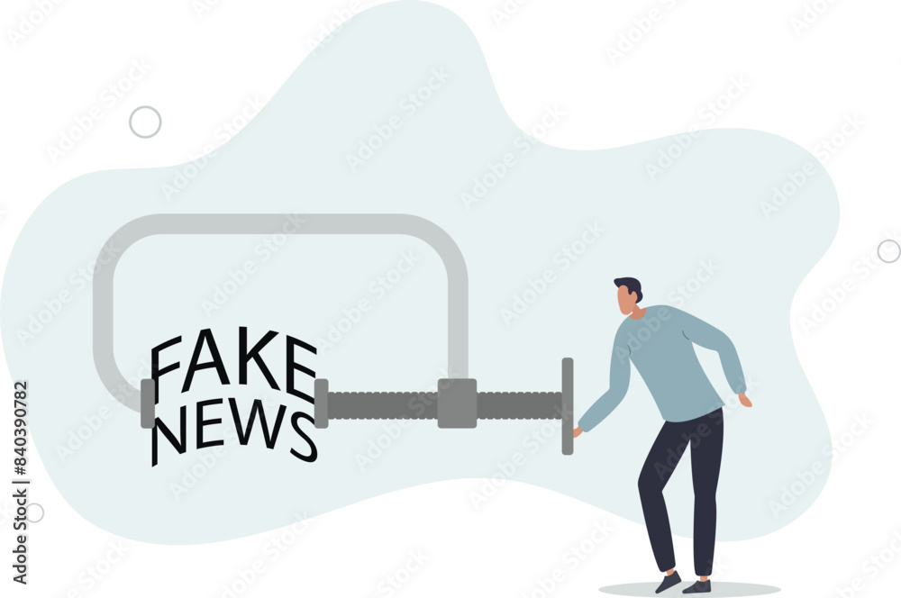 businessman leader squeezing and destroy the word fake news.flat vector illustration. businessman leader squeezing and destroy the word fake news.flat vector illustration.