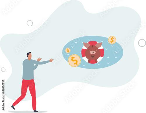 hopeless pink piggy bank floating on lifebuoy in ocean.flat vector illustration.