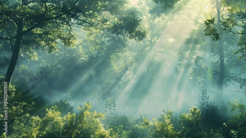 misty morning in the enchanted forest sunbeams filtering through lush green foliage fantasy digital illustration