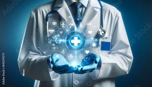 Doctor holding holographic medical icons with healthcare technology symbols. Medical innovation and digital health concept. Design for poster, banner, print.